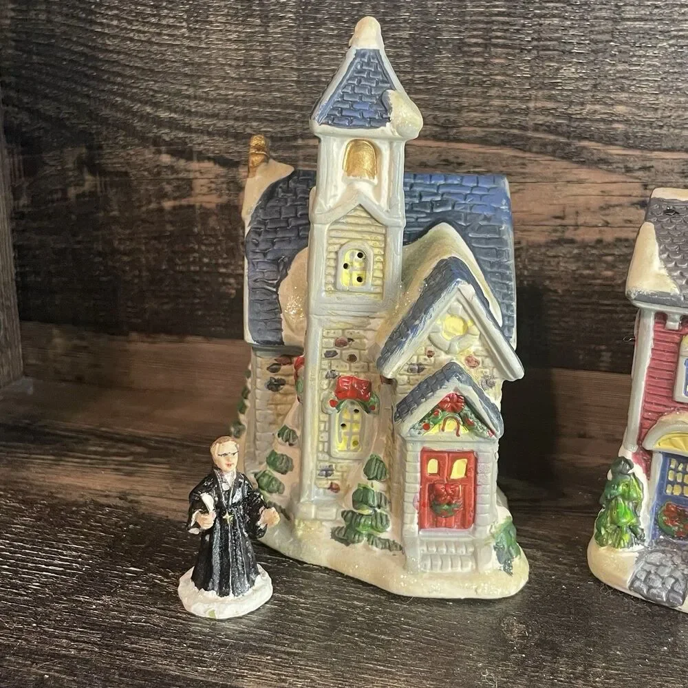 Vintage Porcelain Christmas Village Lot: School, Church & Priest Figurine
